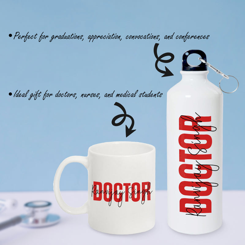 Doctor Gift Set –Custom Name Water Bottle & Ceramic Mug with Doctor Themed Design.