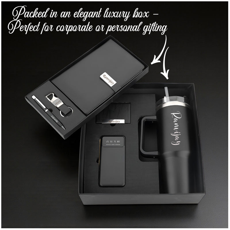 Personalized 6-in-1 Corporate Set – Custom Name/Logo Engraved 1200ml Tumbler, Diary, Pen, Keychain, Cardholder & 10,000 mAh Power Bank