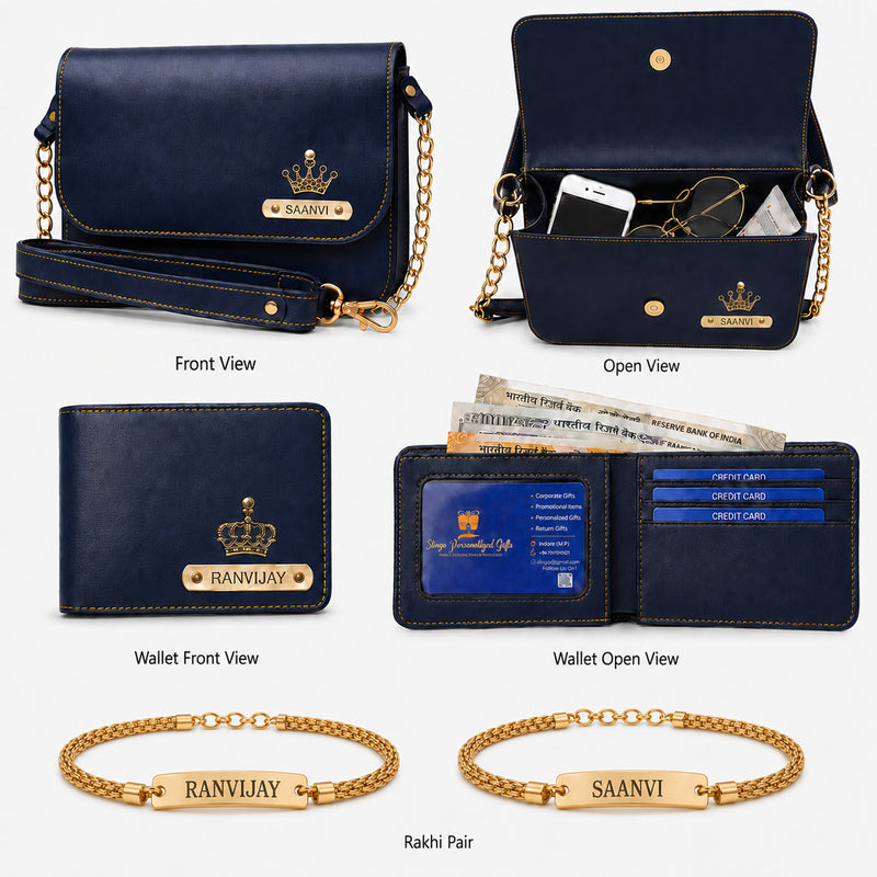 Raksha Bandhan Gift Hamper for Bhaiya & Bhabhi | Customized Men's Leather Wallet & Sling Bag with Name & Charm and Set of 2 Personalized Chain Rakhis with Name Engraved.