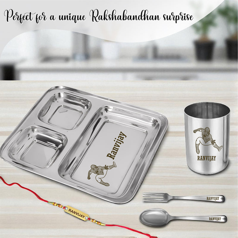 Personalized Rakhi Gift – Customized Steel Plate with Foil Rakhi for Brother