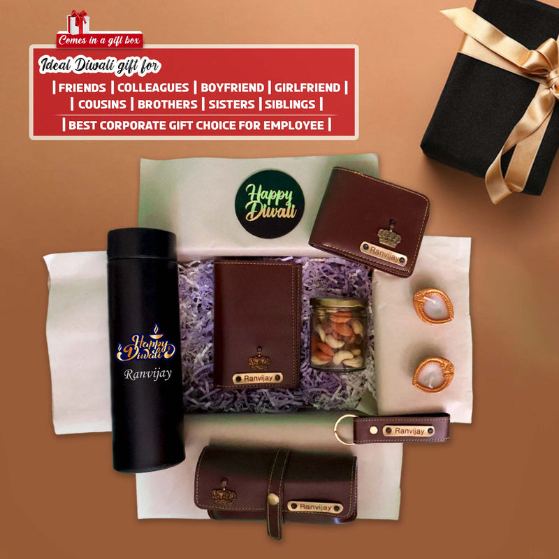 Diwali Gift Set – Wallet, Keychain, Eyewear Case & Passport Cover + Black Bottle.