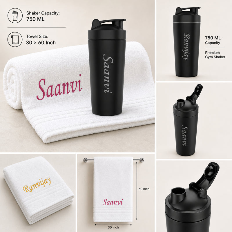 Customized Stainless Steel Gym Shaker & White Towel Combo set with Name| Best Gift for Gym Lover