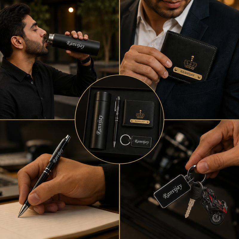 Customized Combo Set for Men (4 Pcs) –Customized Name Wallet, Stainless Steel Bottle, Pen & Keychain.
