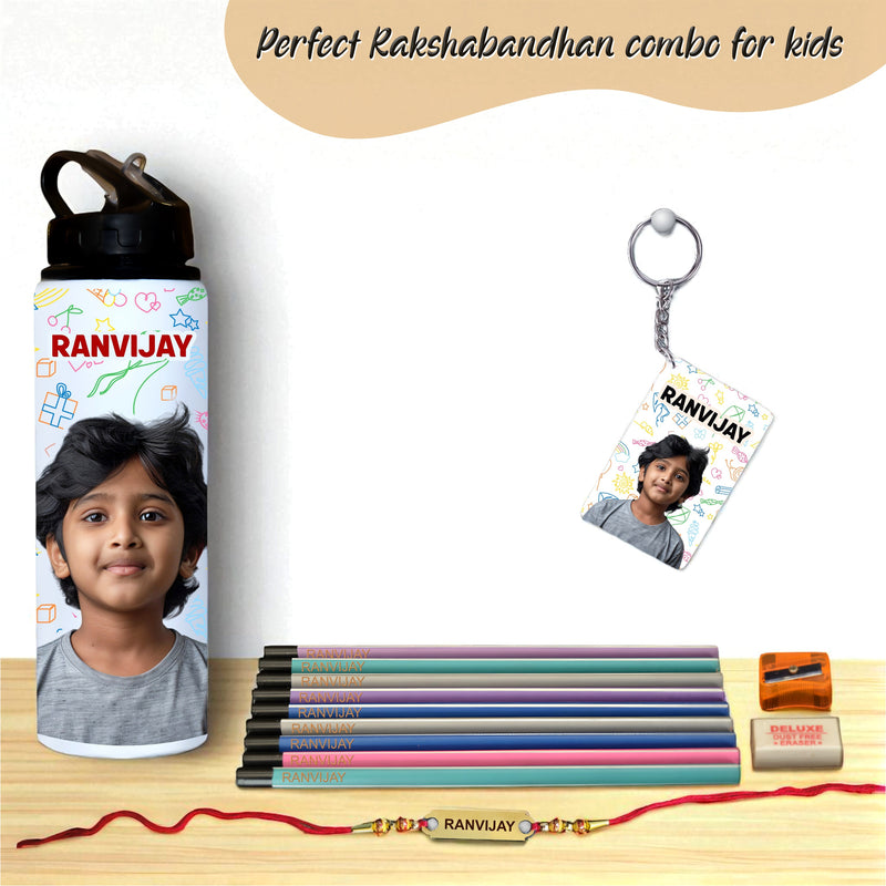 Kids Rakhi Gift Set – Rakhi, Photo Bottle, Keychain & Pencil Set.