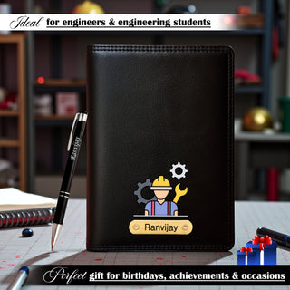 Customized Black Leather Diary with Coloured Engineer Logo & Name Engraved Pen.