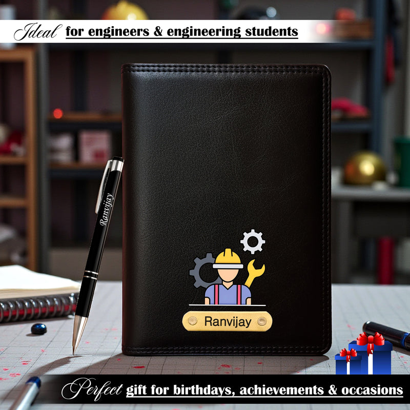Customized Black Leather Diary with Coloured Engineer Logo & Name Engraved Pen.