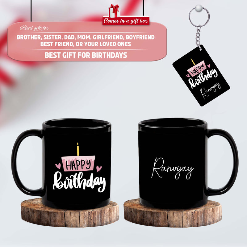 Birthday Gift Combo – Black Ceramic Coffee Mug &  Acrylic Keychain with 'Happy Birthday' Quote & Name.