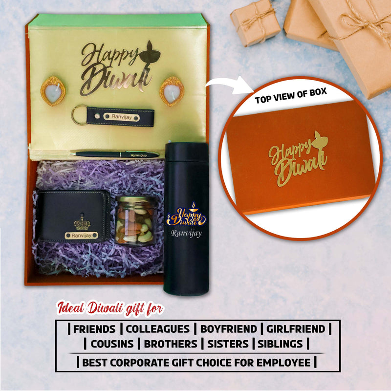 Diwali Gift Set for Men – Leather Wallet, Keychain, Bottle, Custom Pen With Dry Fruits & Diyas.