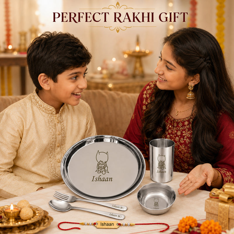 Customized Stainless Steel Kids Meal Set with Name Engraved Rakhi