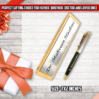 Metal Pen & Wooden Desk Name Plate cum Pen Stand with Engraved Name