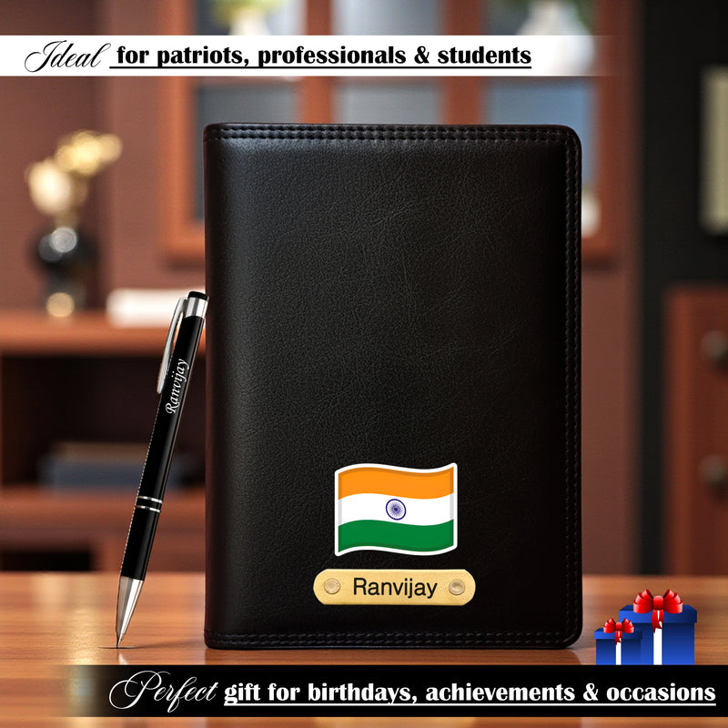 Customized Black Leather Diary with Indian Flag-Colored Design & Name Engraved Pen.