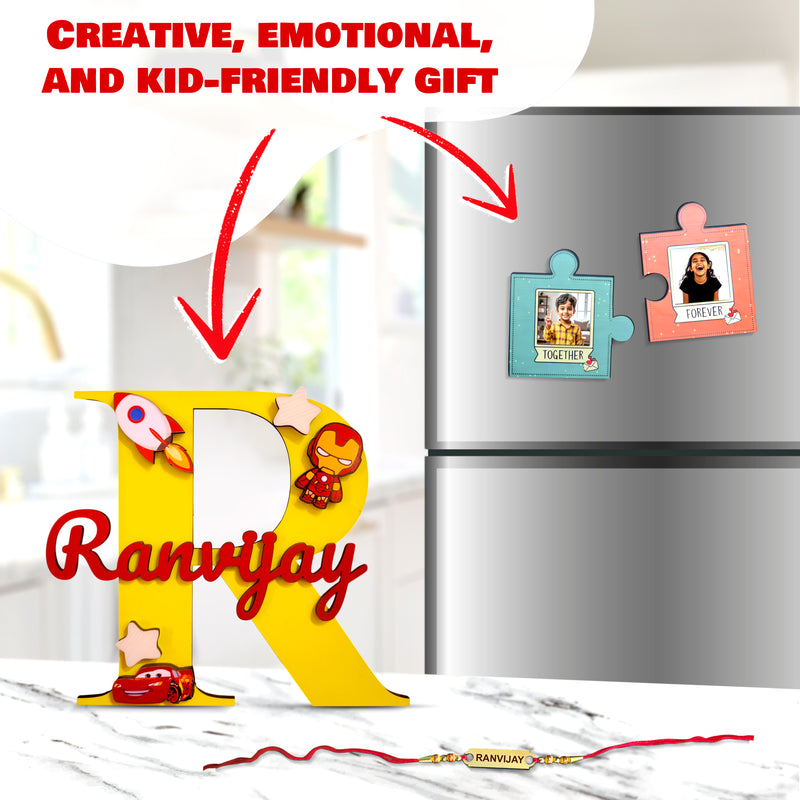 Rakhi Gift Combo –Colored Name Monogram, Puzzle Magnet & Foil Rakhi.