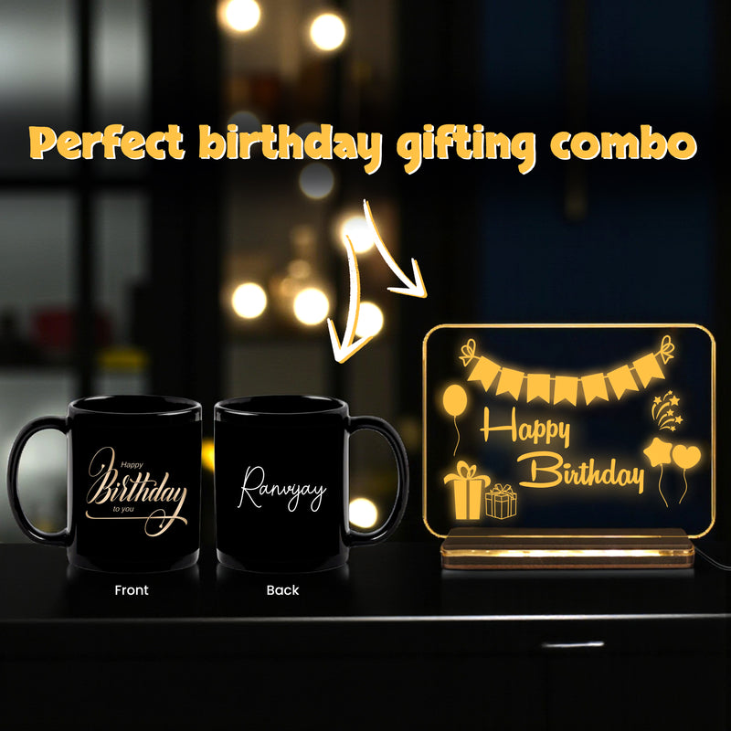 Personalized Birthday LED Acrylic Lamp with Wooden Base & Custom Mug with Name