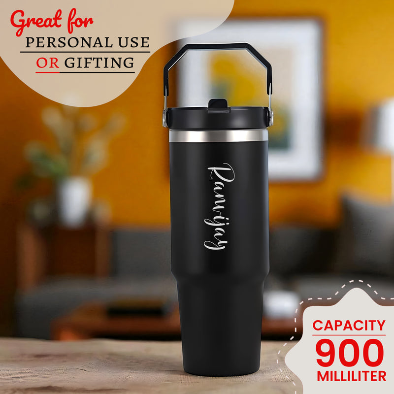 Custom Name Stainless Steel Tumbler 900ml – Vacuum Insulated Bottle with Straw.