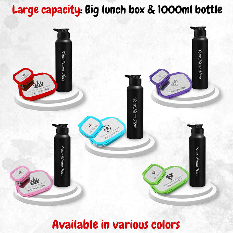 Customized Name Kid Combo-Stainless Steel Lunch Box & 1000ml Bottle.