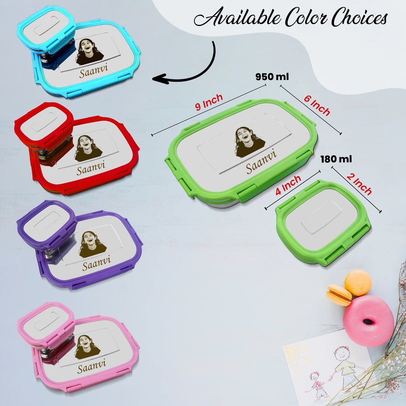 Personalized Stainless Steel Lunch Box for Kids (Blue) – Customized Laser Photo & Name Printed Tiffin Box