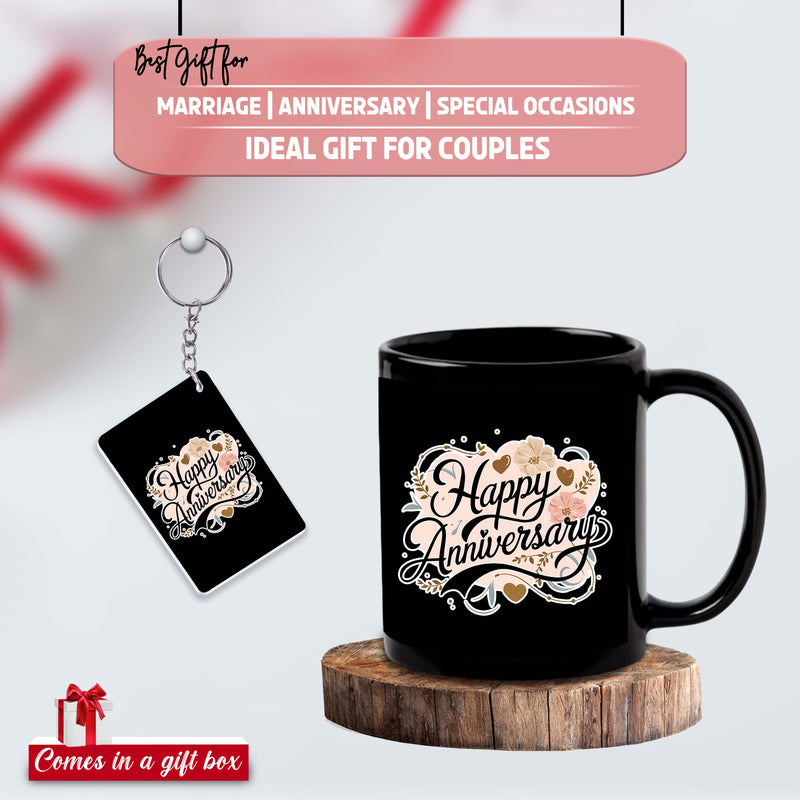 Black Mug & Keychain Combo – Celebrating Love with "Happy Anniversary" Quote