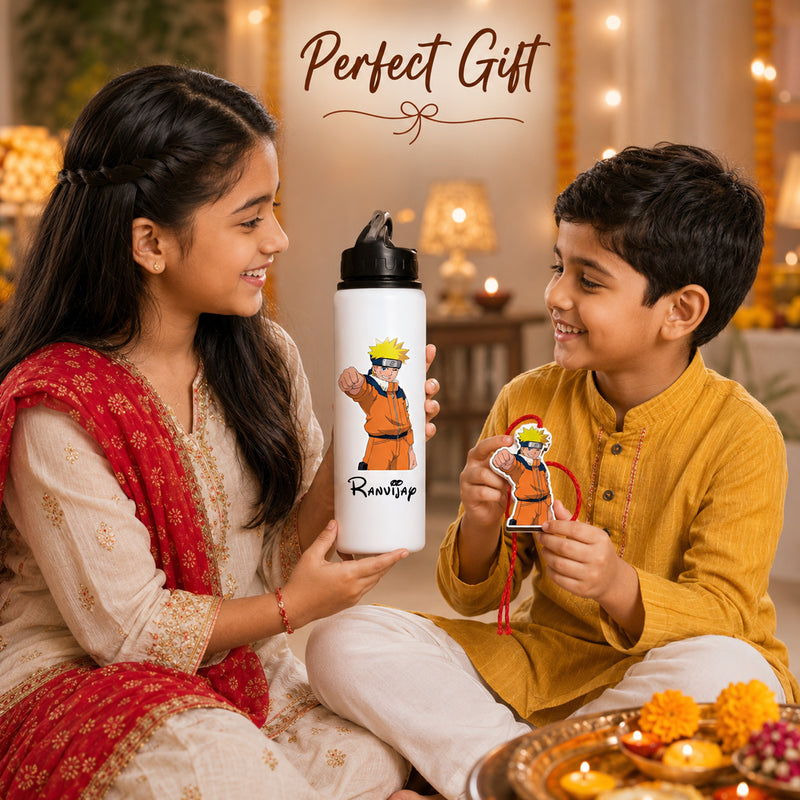 Customized 750 ML Aluminium Sipper Bottle with Name & Favourite Cartoon Print & Personalized Cartoon Caricature Rakhi (Copy) (Copy) (Copy)