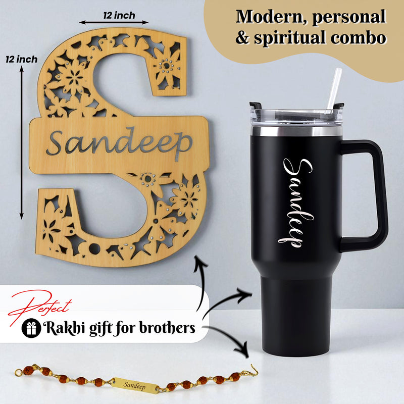 Rakhi Gift for Brother – Customized Straw Tumbler, Wooden Monogram Initial & Name‑Engraved Rudraksh Rakhi