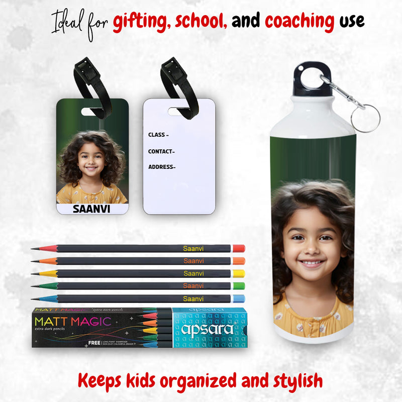 Personalized Kids School Combo – Custom Bottle, Engraved Pencil Set & Name Tag