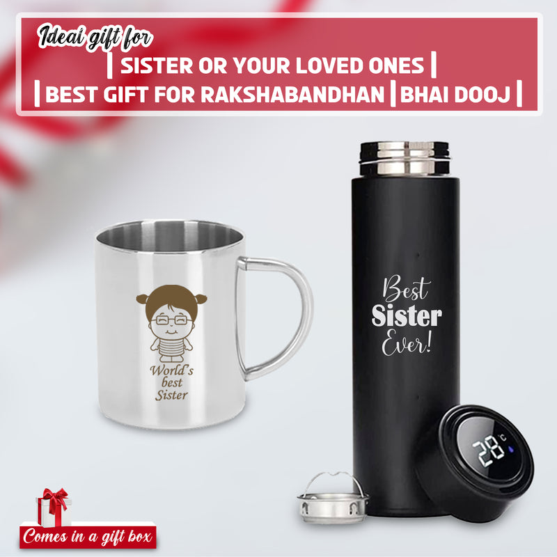Rakshabandhan Gift Set – Best Sister Steel Mug & Engraved Bottle.