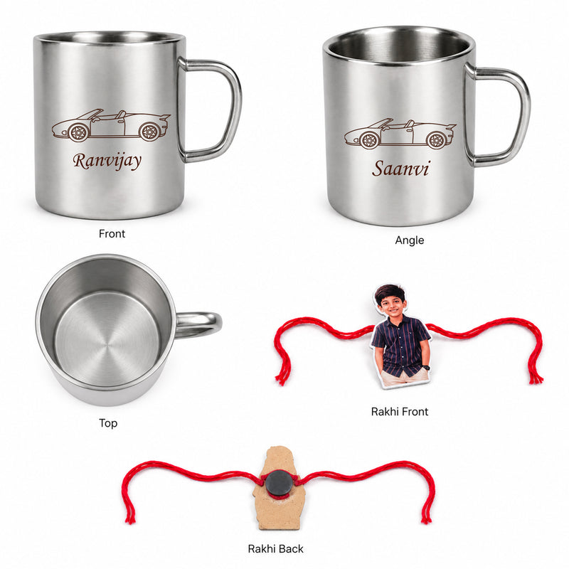 Customized Steel Mug with Name & Car Design Print and Customized Photo Caricature Rakhi.
