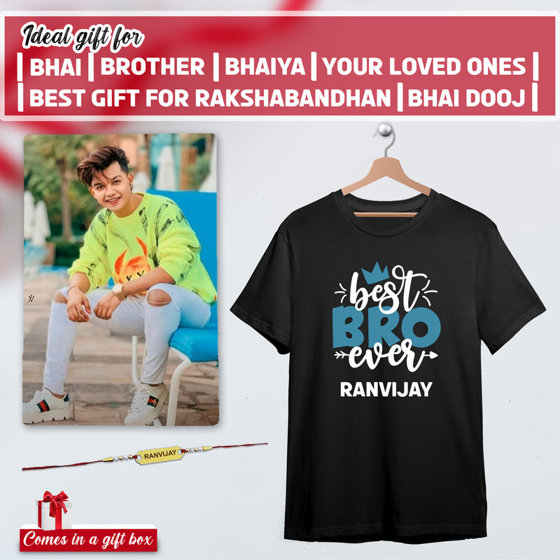 Rakhi Combo: Photo Frame, Name Rakhi & Awesome Bro T-Shirt.