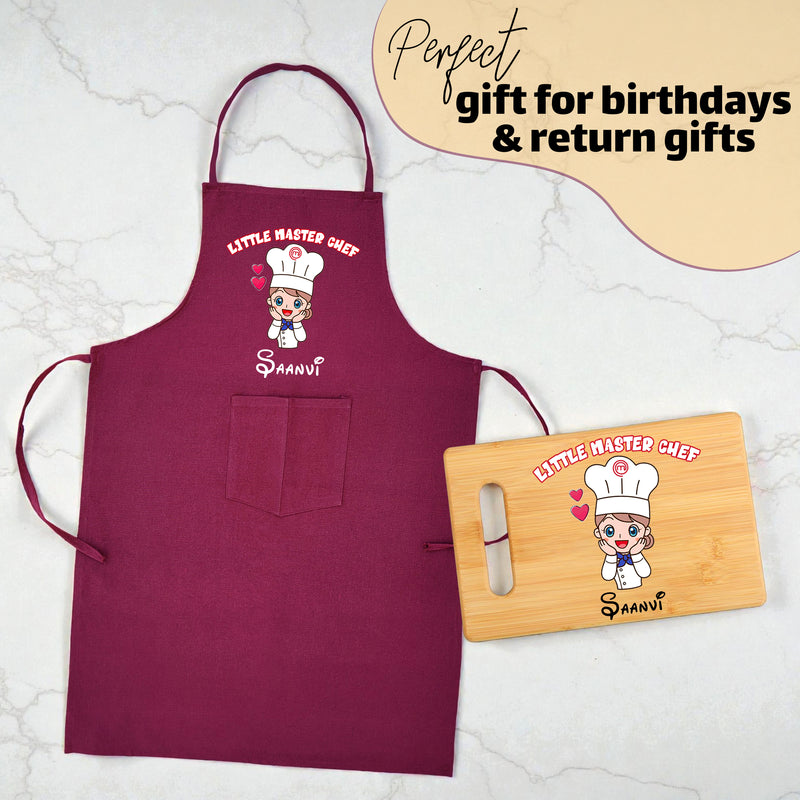 Customized Little Master Chef Gift Combo for Kids | Name Printed Apron & Wooden Board