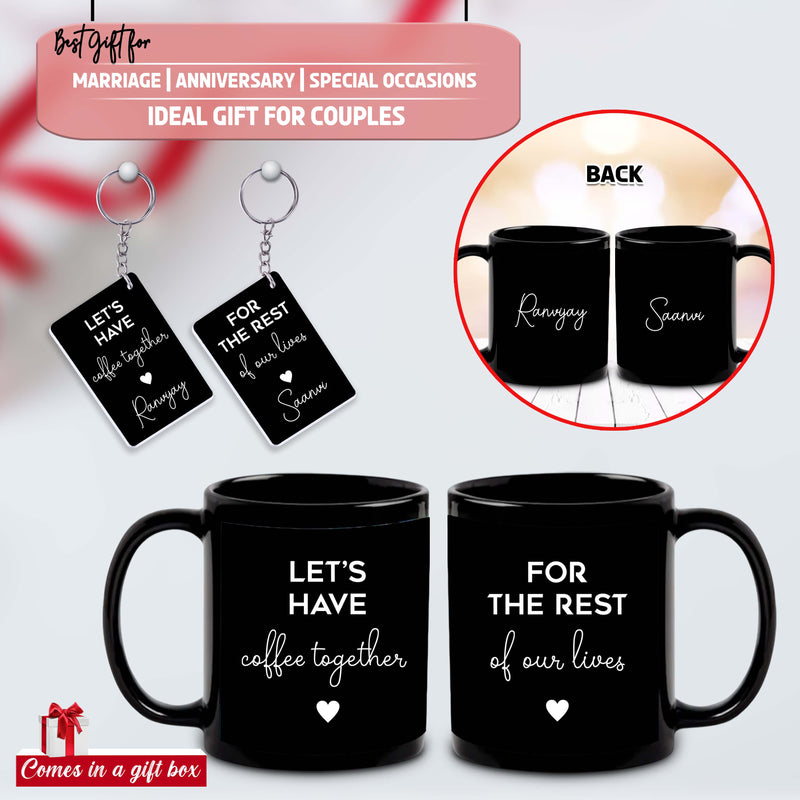 Anniversary Combo – Black Patch Mug & Keychain (Set of 2) with Let's Have Coffee Together Quote & Custom Name Printed.