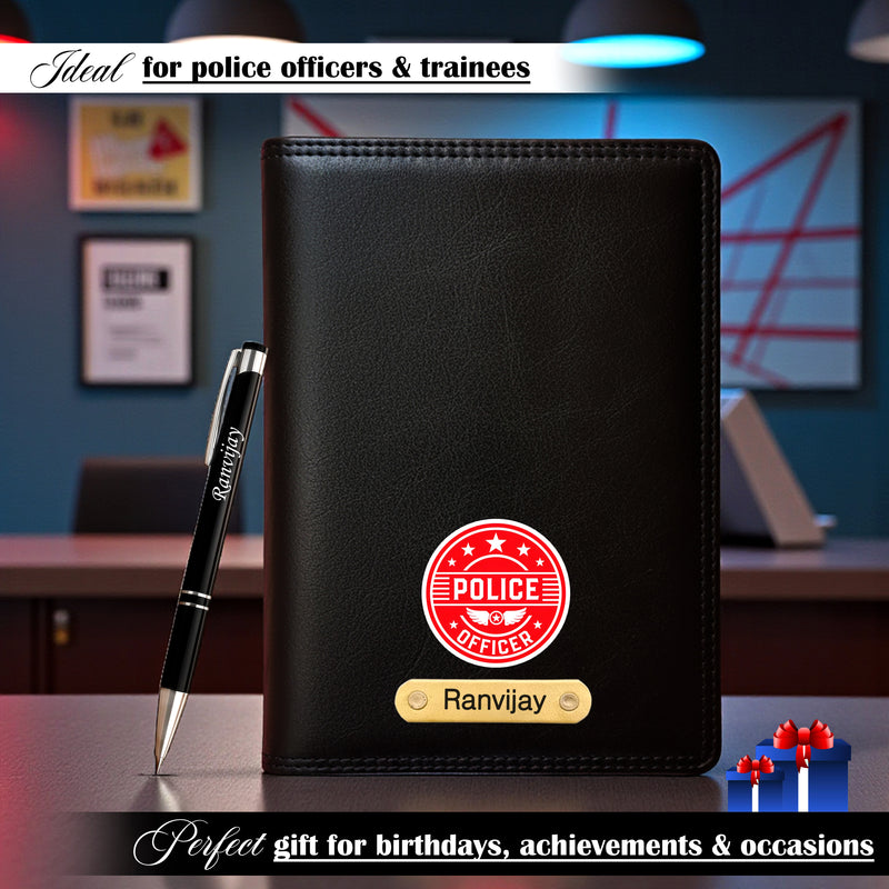 Customized Black Leather Diary with Coloured Police Logo & Name Engraved Pen.