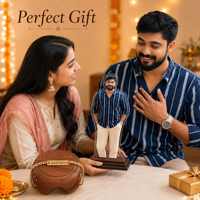 Customized Chain Rakhi with Name Engraving & Customized 6 x 8 Inch Acrylic Photo Cutout with Favourite Picture Printed