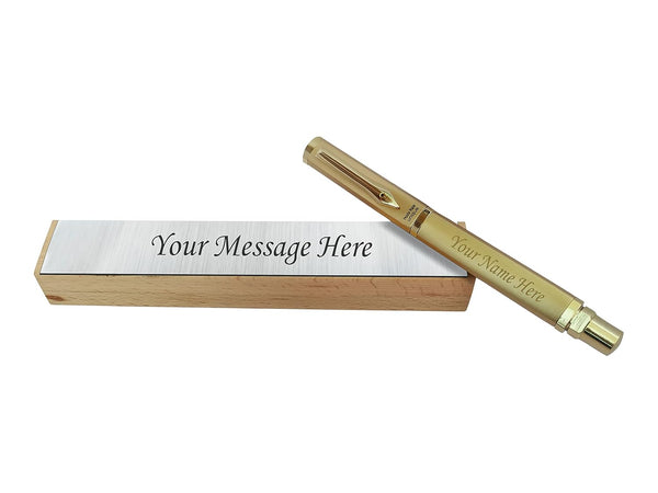 Unique Golden pen with name on pen & message on wooden box.