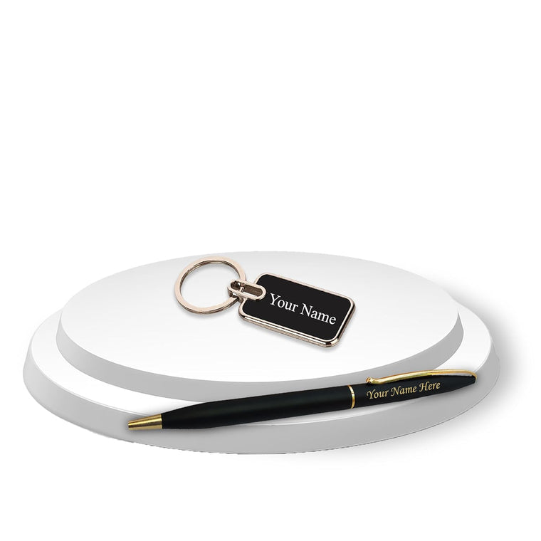 Teacher's Set: Custom Engraved Teacher Keychain & Black-Gold Pen.