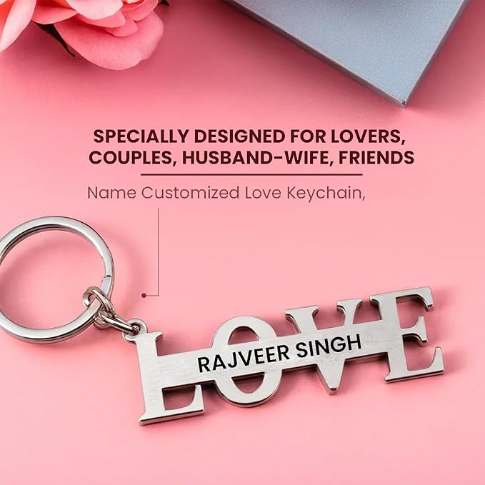 "Stainless Steel Love Symbol Keychain with Custom Name Engraving – A Perfect Token of Affection!"