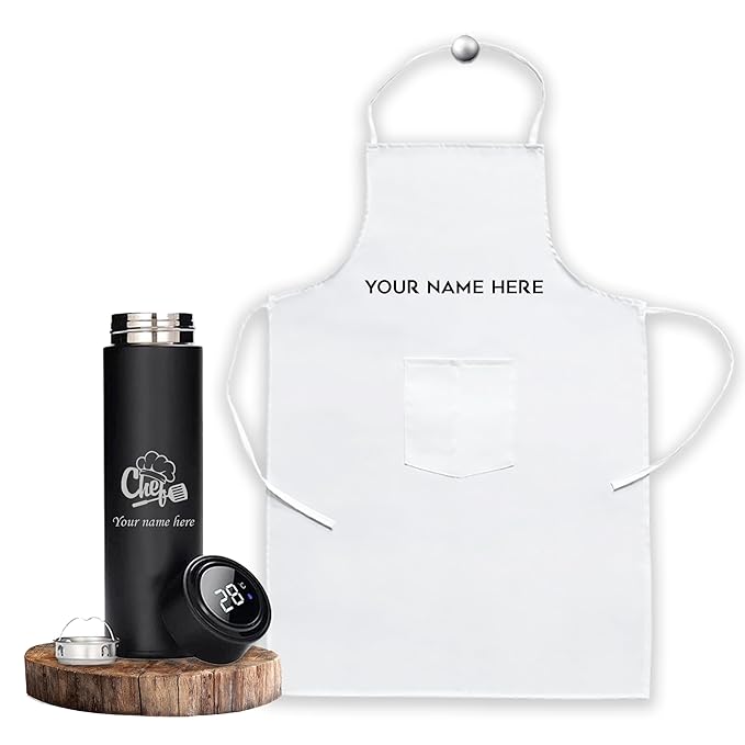 Chef's Custom Gift Combo - White Apron & Steel Bottle with Logo.