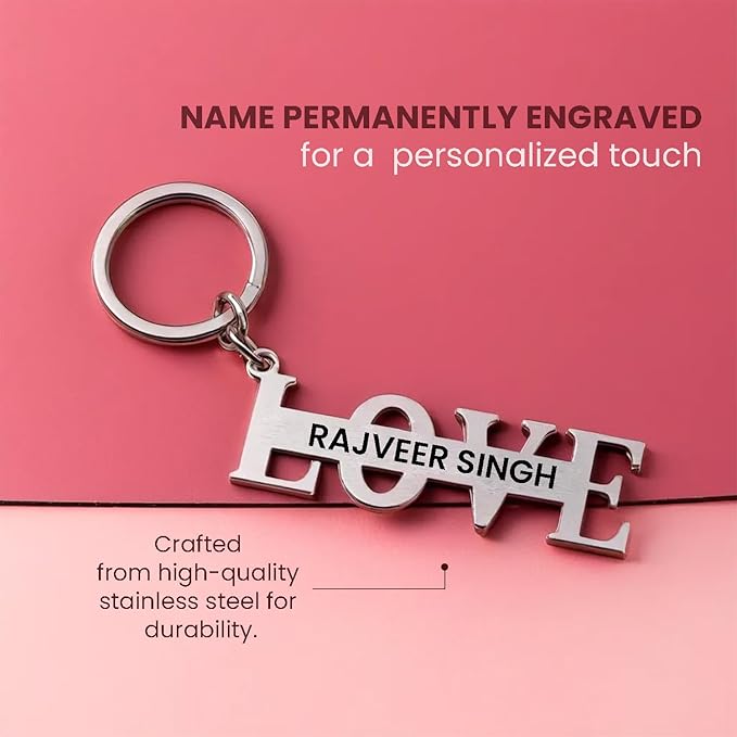 "Stainless Steel Love Symbol Keychain with Custom Name Engraving – A Perfect Token of Affection!"