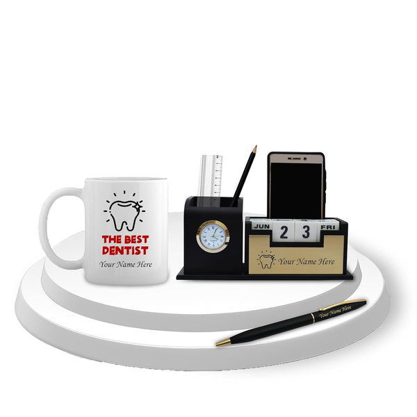 Dentist's Combo Set- Dentist Pen, Fiber Pen Stand with Watch & Ceramic Coffee Mug