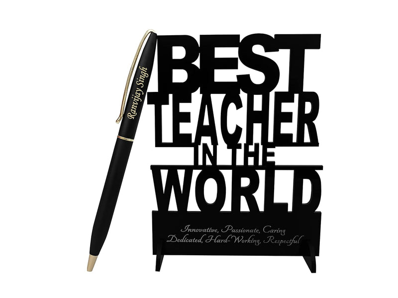 Custom Engraved Pen & Black Teacher's Stand.