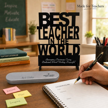 Customized Pen with Name Engraved & Best Teacher in the World Acrylic Stand | Personalized Premium Ball Pen Gift for Teacher