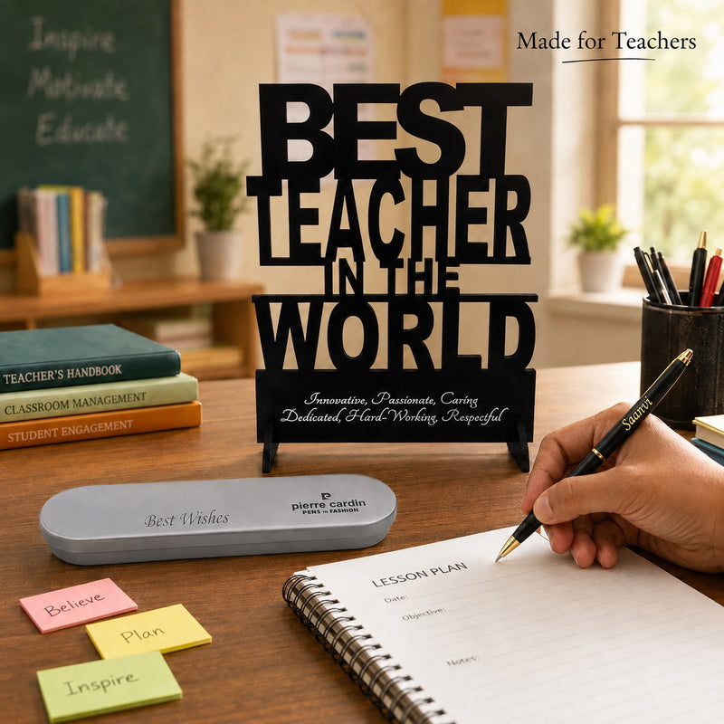 Customized Pen with Name Engraved & Best Teacher in the World Acrylic Stand | Personalized Premium Ball Pen Gift for Teacher