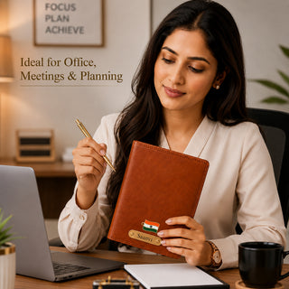 Customized Brown Diary & Branded Parker Golden Pen Gift Set with Name Engraved.