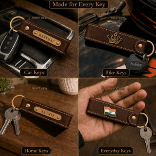 Customized Leather Keychain with Name & Charm | Personalized Keychain with Hook for Bike, Car & Home Keys