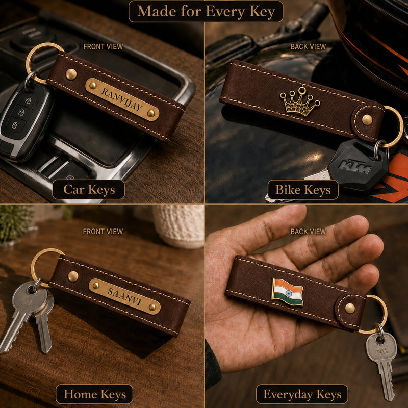 Customized Leather Keychain with Name & Charm | Personalized Keychain with Hook for Bike, Car & Home Keys