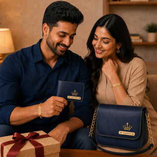 Raksha Bandhan Gift Hamper for Bhaiya & Bhabhi | Customized Men's Leather Wallet & Sling Bag with Name & Charm and Set of 2 Personalized Chain Rakhis with Name Engraved.