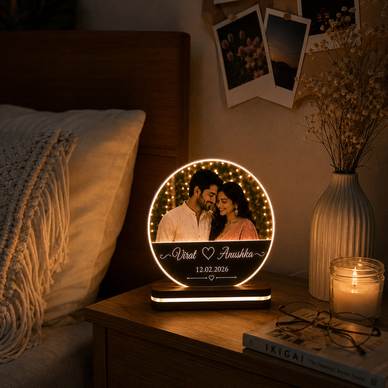 Personalized Round LED Photo Frame 6x8 Inch – Customized HD UV Printed Acrylic Lamp with Photo, Name & Date