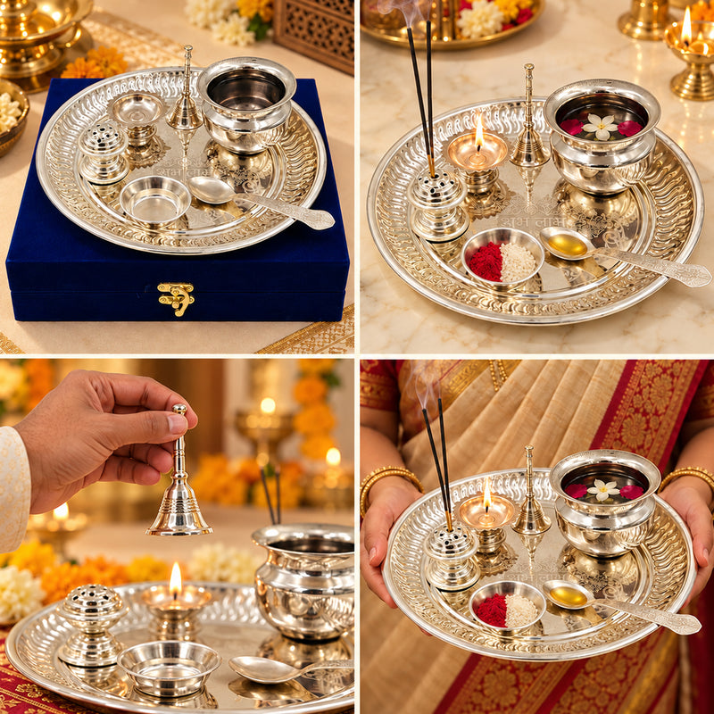 German Silver Swastik Pooja Thali Set with Velvet Gift Box | Silver Plated Diwali & Wedding Housewarming Gift
