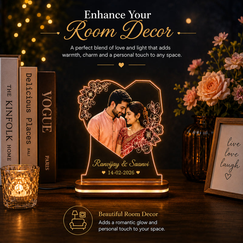 Personalized Acrylic Heart LED Photo Frame 6x8 Inch – Customized HD UV Printed Photo Acrylic Night Light with Name & Date