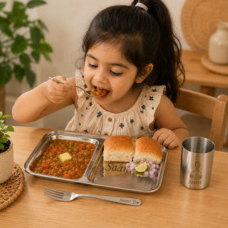 Customized 2 Compartment Stainless Steel Dinner Plate with Spoon & Fork – Name & Design Engraved