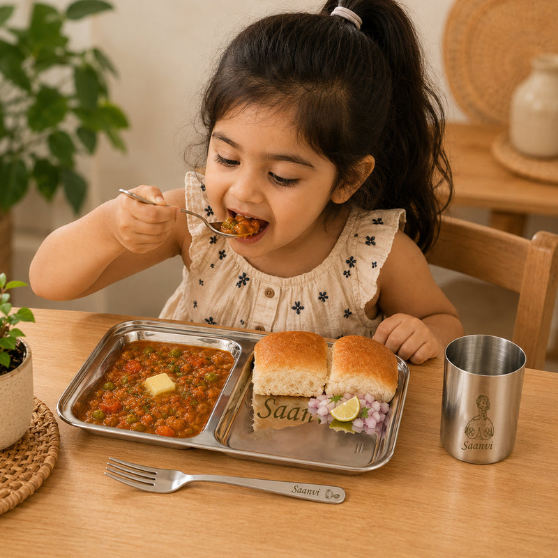 Customized 2 Compartment Stainless Steel Dinner Plate with Spoon & Fork – Name & Design Engraved