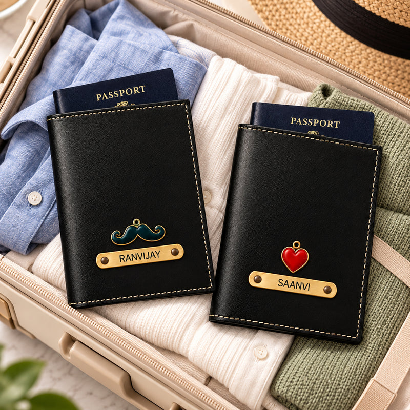 Leather Passport Cover Set of 2 with Name & Charm | Customised Passport Cover with Name for Couple | Personalized Passport Holder for Men & Women